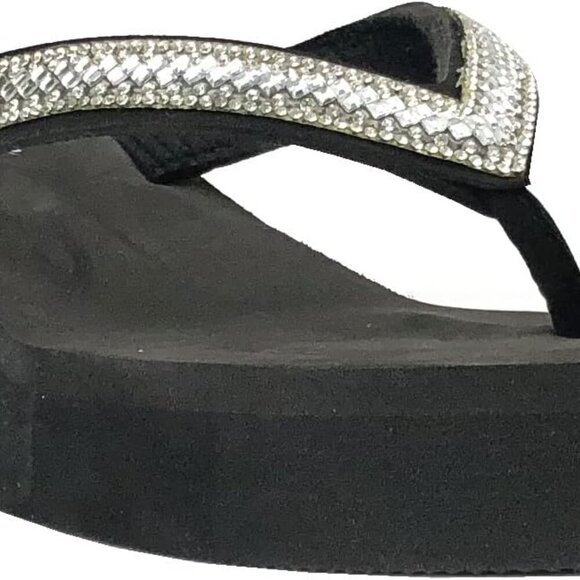 Women's Rhinestone Wedge Sandals Platform T-Strap Flip Flops Slip On - Picture 2 of 5